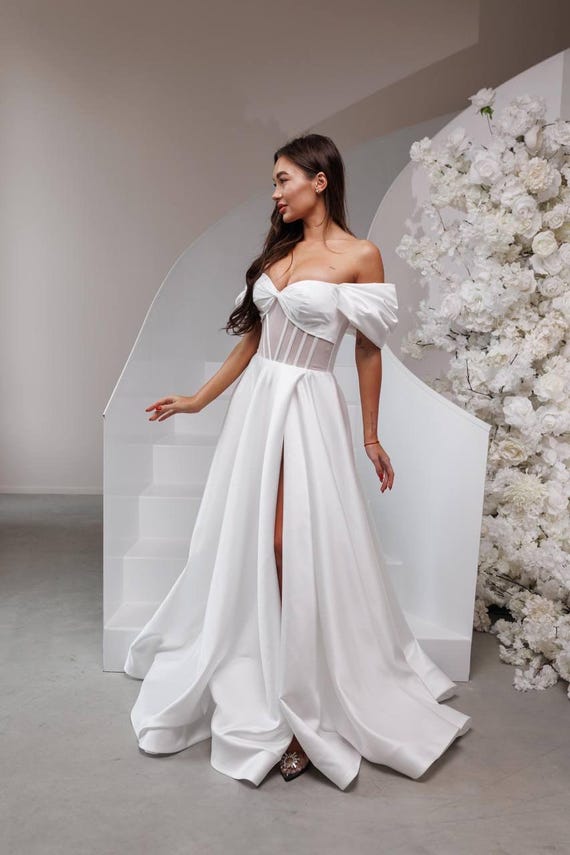sachin and babi light blue dress White Silk Corset Wedding Dress, Thigh Slit Formal Gown