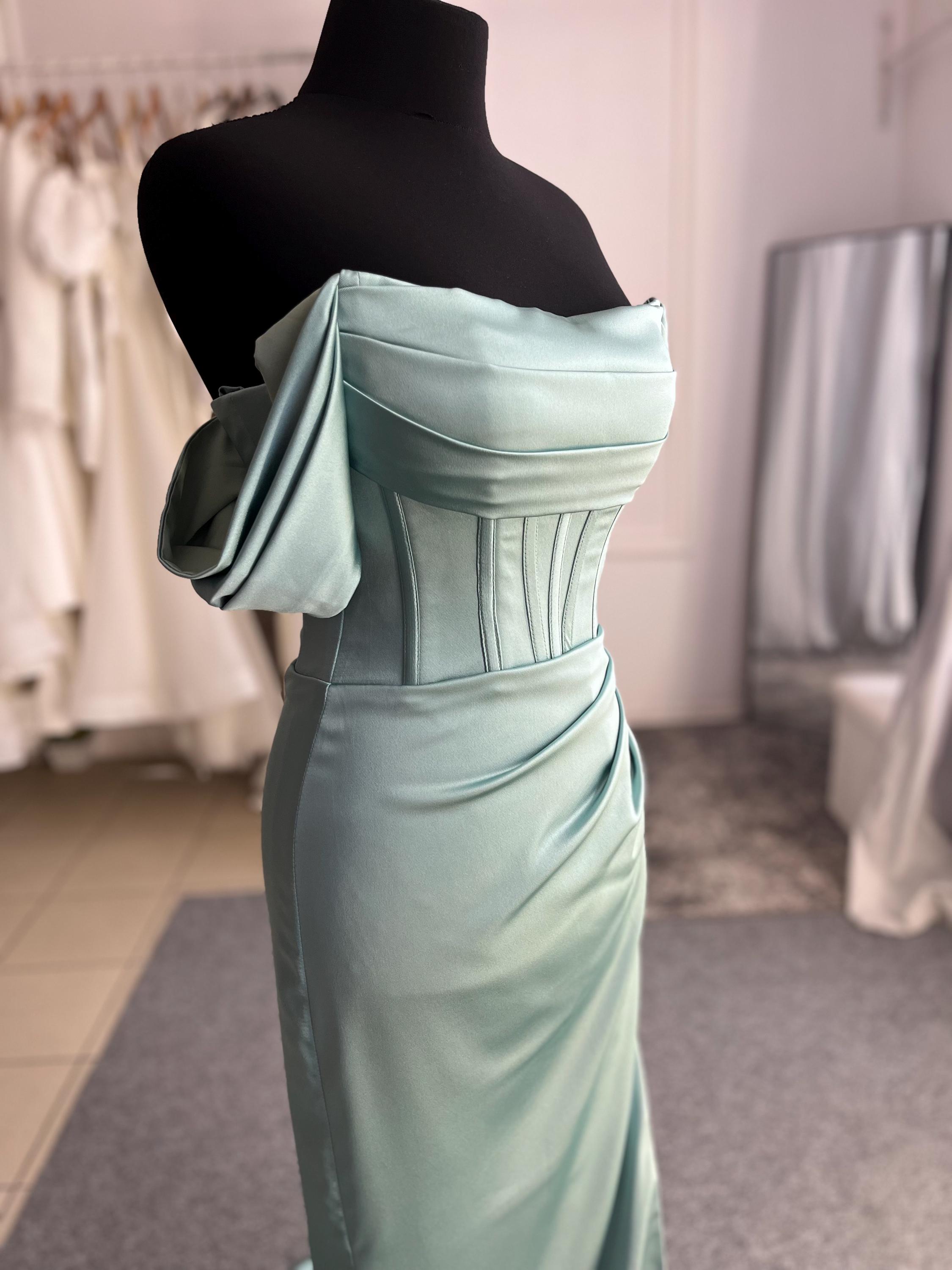 Sage Green Corset Bridesmaid Dress, Satin Evening Gown