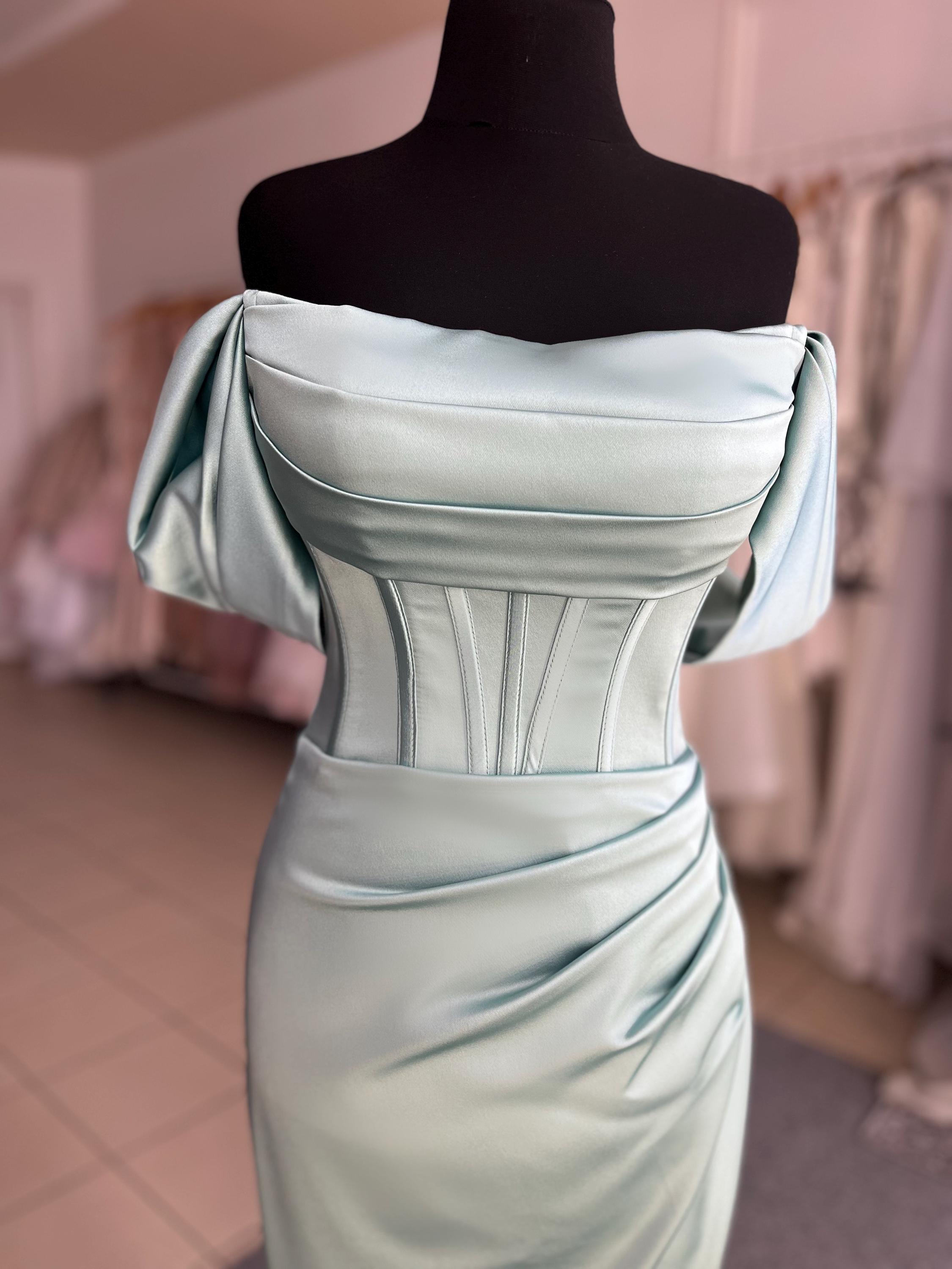 Sage Green Corset Bridesmaid Dress, Satin Evening Gown
