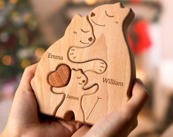 Personalized Wooden Bear Family Puzzle: Custom Engraved Name Gift