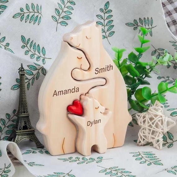 A bear family wooden name puzzle where each bear represents a family member — 68 favorites don't lie; this is a genuinely sweet, custom keepsake with wide gift appeal.