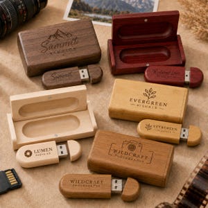 May include: A collection of rectangular wooden boxes and matching USB flash drives with various engraved logos including Summit Studios, Evergreen Visuals, Lumen Photo Co., and Wildcraft Photography, featuring natural wood grain finishes.