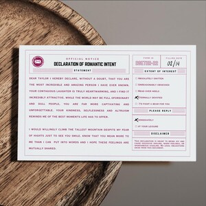 Declaración de intenciones románticas / Plantilla / Regalo editable en Canva para parejas / San Valentín y aniversario / Descarga digital