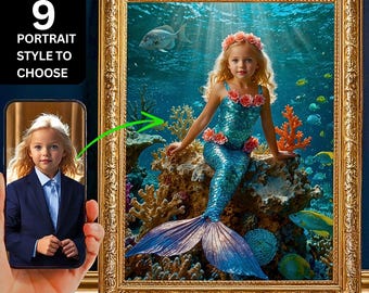Custom Little Girl Mermaid Portrait from Photo, Caricature, Canvas, Personalized Mermaid Gift, Birthday Surprise, Kids Room Wall Art Print.