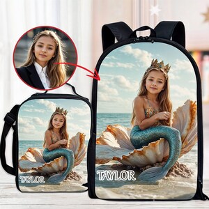 Sac à dos personnalisé sirène pour fille avec photo et texte, sac à lunch, trousse, sac à dos sirène pour la maternelle, rentrée scolaire, premier jour d'école