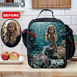 Sac à lunch sirène fille personnalisé avec photo et texte, sac à dos, trousse, sac à lunch pour la maternelle, rentrée des classes, premier jour d'école.
