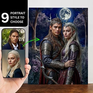 Custom Elf Fantasy Couple Portrait from Photo, Medieval Portrait, Face Swap, Photo Editing, Personalized Portrait Fantasy Anniversary Gift.