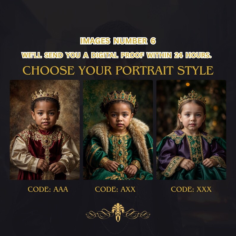 May include: Three images of children wearing different styles of royal costumes, each with a gold crown. The first image shows a child wearing a red and gold costume. The second image shows a child wearing a green and gold costume. The third image shows a child wearing a purple and gold costume. The text below each image reads "CODE: AAA", "CODE: AXX", and "CODE: XXX".