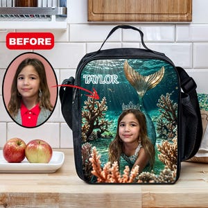 Sac à lunch personnalisé sirène pour fille avec photo et texte, sac à dos pour fille, trousse, sac à lunch pour la maternelle, rentrée scolaire, premier jour d'école.