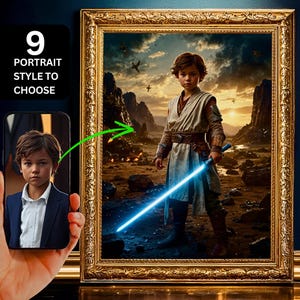 Pode incluir: Um menino pequeno vestido como um cavaleiro Jedi está em uma paisagem desértica segurando um sabre de luz azul. Ele está vestindo uma túnica bege com um cinto marrom e botas marrones. O fundo é uma cena desértica com montanhas e um pôr do sol.