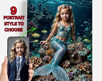 Personalized Mermaid Portrait from Photo, Custom Girl Portrait, Little Mermaid Caricature, Birthday Gift for Kids, Girls Bedroom Gift