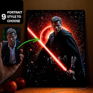 Ritratto personalizzato di Guerriero delle Stelle da foto, opera d'arte Jedi fantascientifica con LED al neon, arte Jedi personalizzata, dipinto Jedi, arte murale al neon fosforescente.