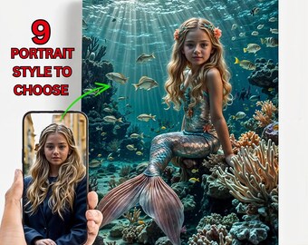 Custom Girl Mermaid Portrait, Princess Caricature from Photo, Personalized Mermaid, Girl Bedroom Gift, Birthday Gift for Kids, Daughter Gift