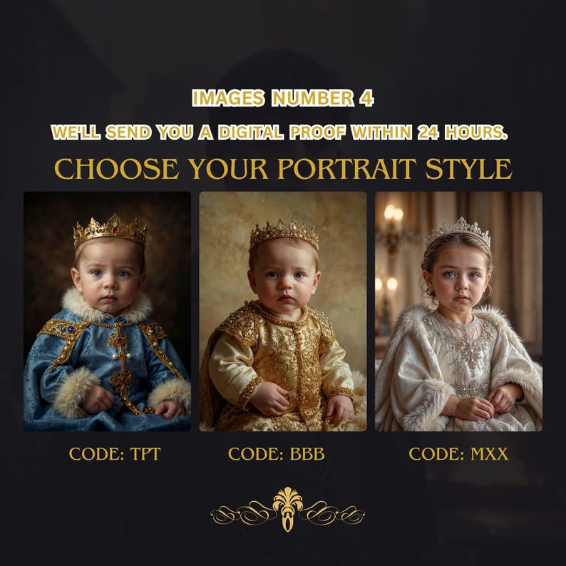 May include: Three images showing different portrait styles for children. The first image shows a child wearing a blue and gold royal outfit with a crown. The second image shows a child wearing a gold royal outfit with a crown. The third image shows a child wearing a white and gold royal outfit with a crown. The text below each image reads "CODE: TPT", "CODE: BBB", and "CODE: MXX".