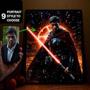 Retrato personalizado de Star Warrior a partir de una foto, obra de arte Jedi que brilla en la oscuridad, regalo personalizado de ciencia ficción para hombres, papá, esposo y amigos, arte de pared de neón