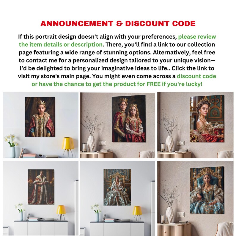 May include: A collection of six digital paintings featuring people in royal attire. The paintings are displayed in mock-up frames on a wall and on a table. The paintings are in a variety of styles and colors, including a painting of a young boy in a crown, a painting of a king and queen, and a painting of a queen sitting on a throne.