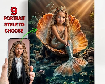 Custom Girl Mermaid Portrait, Little Mermaid Caricature from Photo, Girls Bedroom Gift, Personalized Mermaid, Birthday Gift for Kids