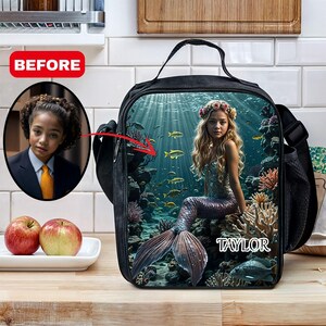 Sac à lunch personnalisé avec photo et texte pour fille, sac à dos, trousse à crayons, cartable d'école personnalisé, sac à lunch de voyage sirène, cadeau de rentrée