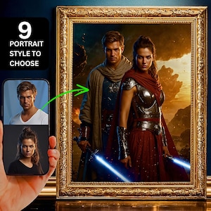 Custom Star Warrior Couple portrait from photo, Custom Couple portrait, Personalized Portraits, Jedi Art for Couples & Families Portrait.