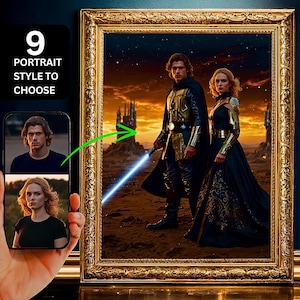 Custom Star Warrior Couple portrait from photo, Custom Couple portrait, SCI-Fi Custom Poster, Jedi Art for Couples & Families Portrait