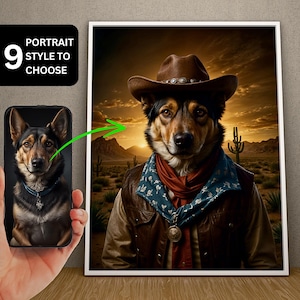 Benutzerdefinierte Cowboy Hundeportrait, Western Hundeportrait, Cowboy Haustier Geschenk, Hund Cowboy Portrait, personalisiertes Haustierportrait, benutzerdefinierte Hundemalerei Kunst.