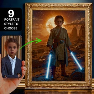 Könnte beinhalten: Ein junger Mensch, der als Jedi-Ritter verkleidet ist, hält zwei blaue Lichtschwerter und steht in einer Wüstenlandschaft mit einem großen Mond im Hintergrund. Das Bild ist in einem goldenen Rahmen gerahmt.