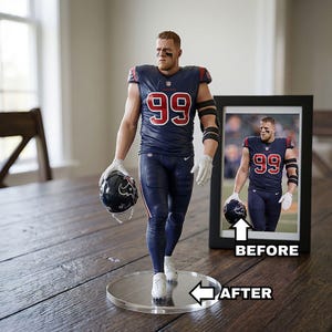 May include: A figurine of a football player in a navy blue uniform with the number 99 in red and white. The player is holding a black helmet with a white logo. The figurine is on a clear circular base.