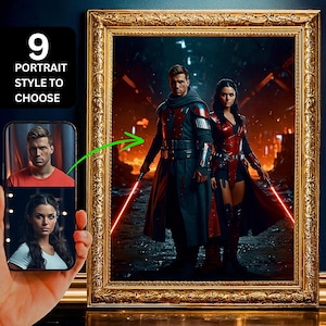 Custom Star War Couple portrait from photo, Couples Jedi Portrait, Personalized Portraits, Best Custom Family Portrait Gift, Wedding Gift.