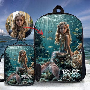 Sac à dos sirène personnalisé avec photo et nom, sac à lunch, trousse, sac à dos personnalisé pour enfants, cadeaux de rentrée pour filles ou filles.