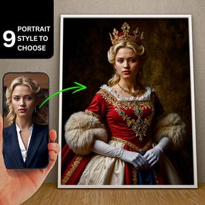 Ritratto reale personalizzato della regina da foto, ritratto rinascimentale, stampa su tela e poster, regalo di compleanno per lei / ritocco fotografico, ritratto di donna