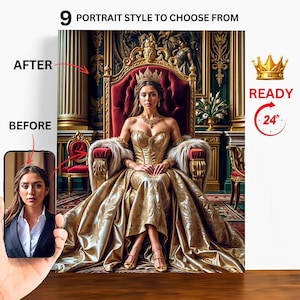Custom Royal Queen Portrait From Photo, Renaissance Portrait, Turn Me Royal, Victorian Portrait, King And Queen, Make Me Royal. APP4