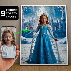 Custom Elsa Kids Portrait From Photo, Princess Portrait, Frozen Portrait, Birthday gift for Kid, Wall Decor, Little Girl Disney Princess.
