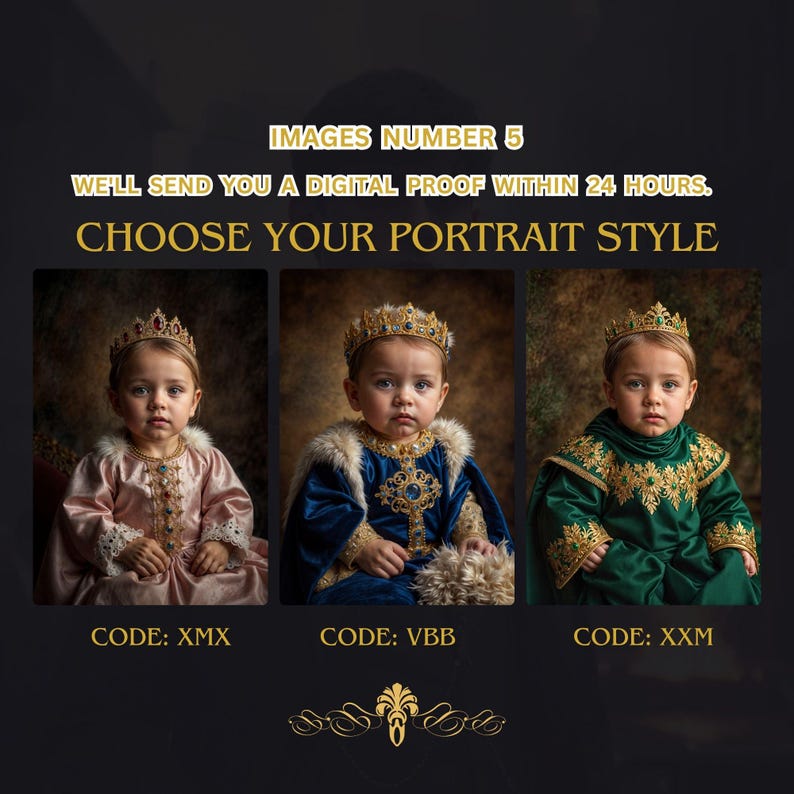May include: Three images of a child wearing different royal costumes. The first image shows a child wearing a pink dress with a gold crown. The second image shows a child wearing a blue and gold robe with a gold crown. The third image shows a child wearing a green and gold robe with a gold crown. The text below each image reads "CODE: XMX", "CODE: VBB", and "CODE: XXM".