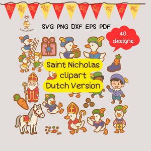 Op de afbeelding: Een verzameling Sint-Nicolaas clipart met eenden, een paard, een jongen en andere feestelijke elementen. De tekst bevat "Saint Nicholas clipart Dutch Version" en "40 designs".