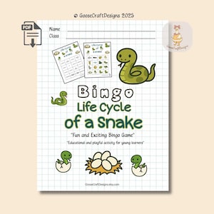 Op de afbeelding: Een printbaar bingospel met de titel "Levenscyclus van een Slang" met een groene slangenillustratie. Het spel bevat bingokaarten, een titel en de tekst "Leuk en spannend bingospel". De achtergrond is een rasterpatroon.