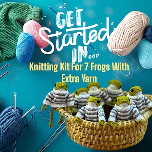 Seven Frogs KNITTING KIT -Everything you need of highest quality to knit Little Frog DIY Knitting  Kit , Cute Frog  Knitting kit