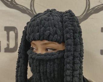Pasamontañas de conejito de punto hecho a mano: bufanda con capucha de peluche