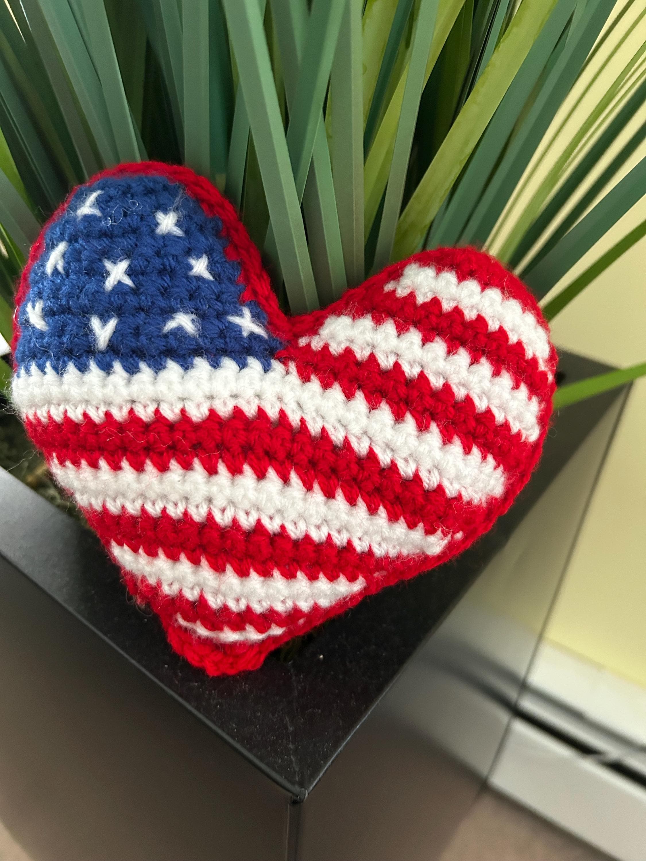 36 Crochet Birthday Gifts with Angels, Gnomes, Bouquets, and Keychains 27 Crochet American Flag Heart Pillow