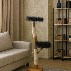 May include: A cat tree featuring a round wooden base, a central vertical post with sections wrapped in light beige sisal rope, and two platforms topped with fluffy black faux fur. The structure has a natural wood finish and a branch-like design.