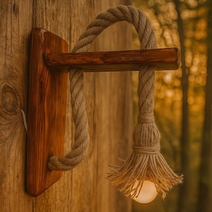 May include: A rustic wall sconce featuring a wooden base and a rope design. The light fixture has a warm, inviting glow from the exposed bulb. The sconce is mounted on a wooden wall, creating a natural, earthy aesthetic.
