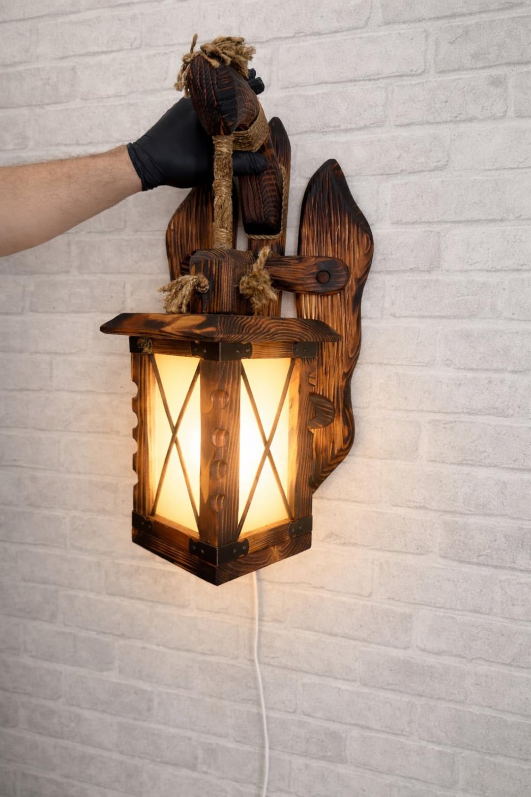 Vintage Rustic Wooden Wall Lantern – Lightly Charred Pine Wood – Loft ...