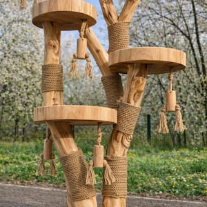 May include: A natural wood cat tree with multiple platforms and scratching posts. The tree features round platforms, rope-wrapped supports, and dangling toys. The base is a large, circular wooden slab. The background shows a blurred green lawn and white flowering trees.