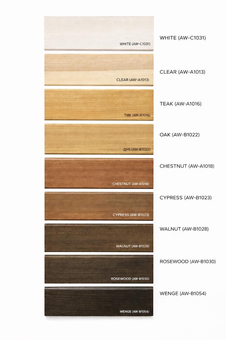May include: A color chart displaying wood stain samples in various shades, including white, clear, teak, oak, chestnut, cypress, walnut, rosewood, and wenge. Each sample is labeled with its name and a corresponding code.