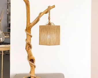 Rustic Tree Branch Floor Lamp, Wood & Rope Accent Light