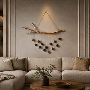 May include: A wall hanging featuring a natural wooden branch suspended by a thin cord. Multiple brown pinecones are attached to the branch with individual strings, creating a cascading arrangement that hangs vertically against the wall surface.