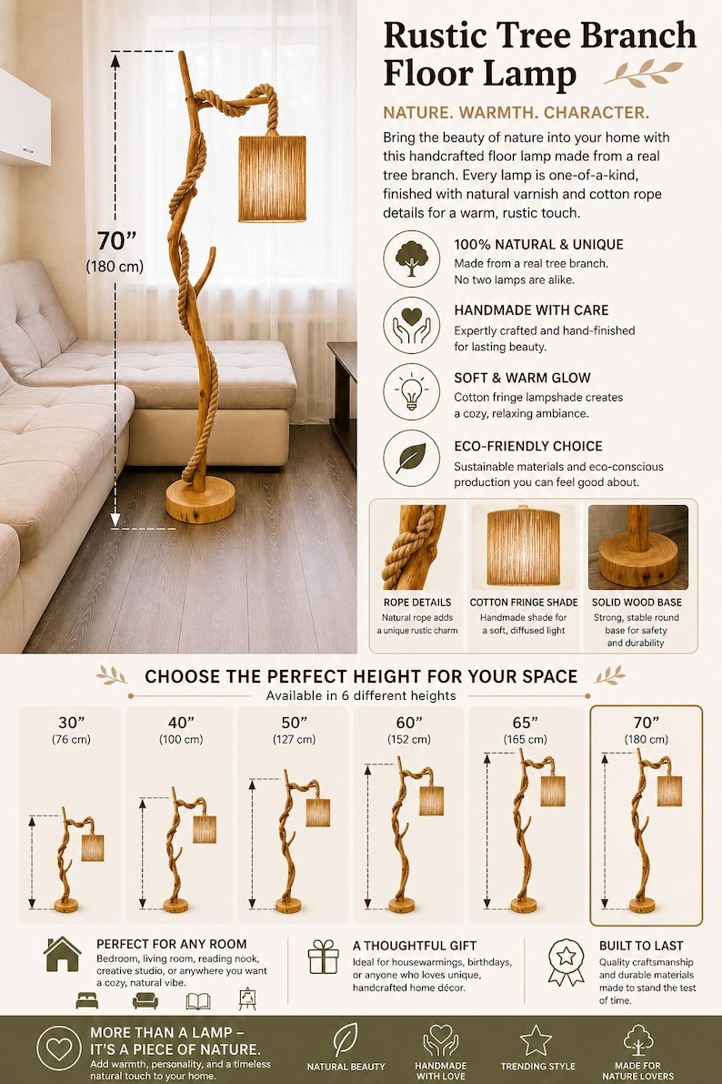 Op de afbeelding: Rustieke boomtak vloerlamp, 180 cm hoog. De lamp heeft een natuurlijk boomtakontwerp met een katoenen franjes lampenkap. De basis is van massief hout en de lamp heeft touwdetails.