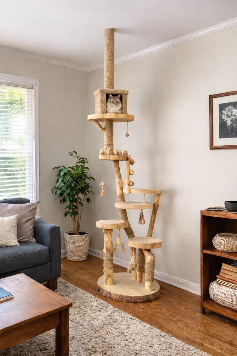 May include: A multi-level cat tree made of natural wood and rope. The cat tree has multiple platforms, a scratching post, and a small house at the top. A cat is sitting in the house. The cat tree is in a living room setting.