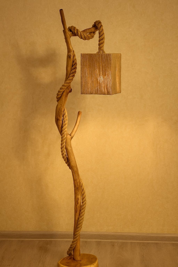 Rustic Wood Floor Lamp: Walnut Base, Cotton Lampshade