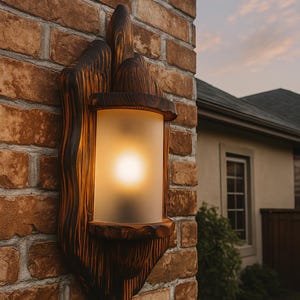 outdoor wall lamp , wood wall sconce, For a bedroom for an outdoor area in a country, rustic, loft or chalet style. Lamp, night lighting.