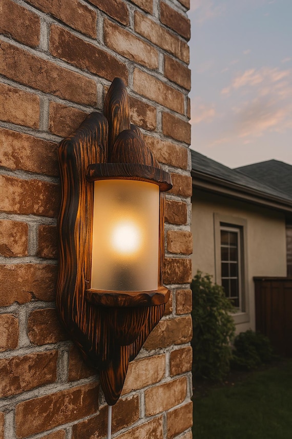 outdoor wall lamp , wood wall sconce, For a bedroom for an outdoor area in a country, rustic, loft or chalet style. Lamp, night lighting.